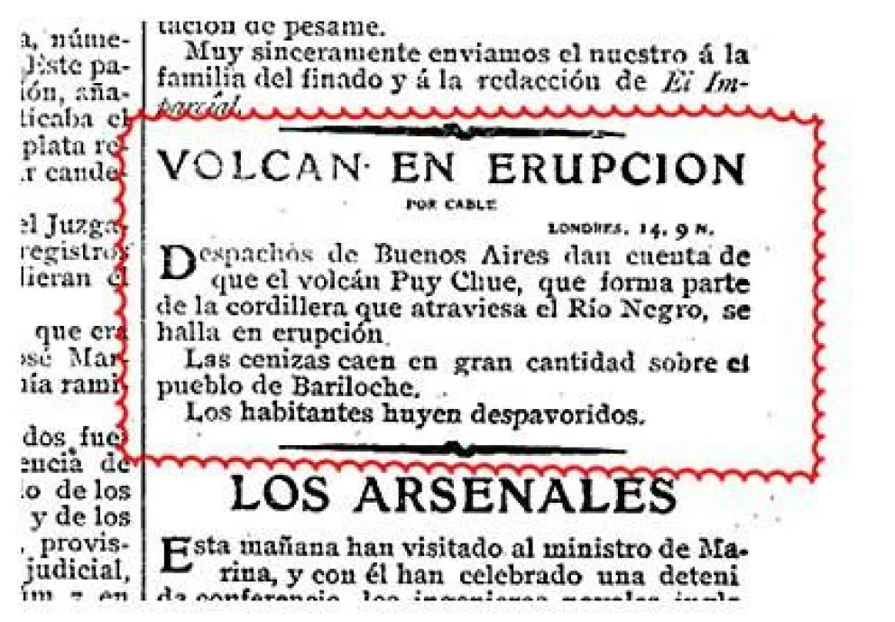 La erupción del volcán Puyehue y Bariloche, en un diario de 1907