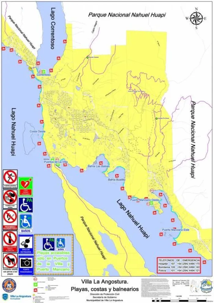 Mapa de los balnearios públicos en Villa La Angostura