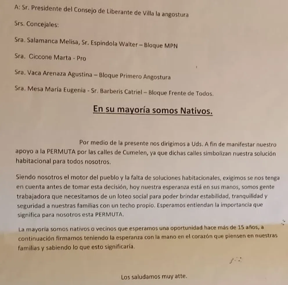 Circula una llamativa carta “de apoyo” al canje de con Cumelén, la asignan al Ejecutivo y desde el gobierno nadie responde